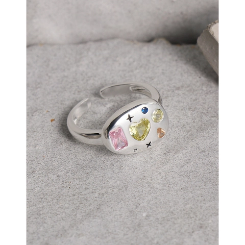 925 Sterling Zilver Zirconia Open Ring Kleurrijk Hart Geometrische Verstelbare Vingerring Koreaans Niche Ontwerp Sieraden Dames