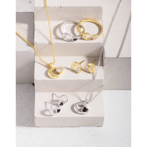 Collana con Ciondolo a Cuore e Luna in Argento Sterling 925 per Donna con Micro-intarsio in Zirconia Oro Bianco Oro Gioielli