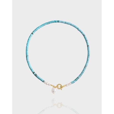 Collar de Plata de Ley 925 Chapado en Oro con Cuentas de Turquesa y Colgante de Perla Artificial Barroca Mujer