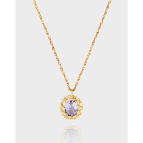 925 Sterling Silver Purple Rhinestone Pendant Necklace For Women Twisted Geometric Oval Gemstone Clavicle Chain Jewelry Gift