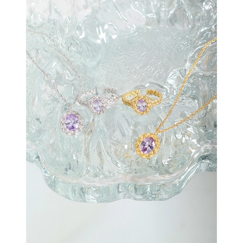 925 Sterling Silver Purple Rhinestone Pendant Necklace For Women Twisted Geometric Oval Gemstone Clavicle Chain Jewelry Gift