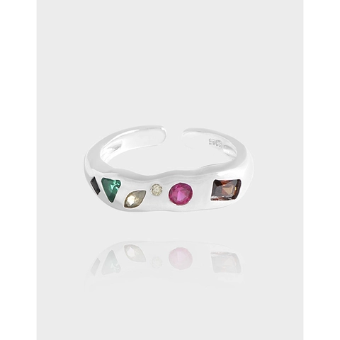 925 Sterling Silver Multi-Color Zirconia Open Ring Korean Ins Style Minimalist Wave Geometric Adjustable Finger Ring For Women