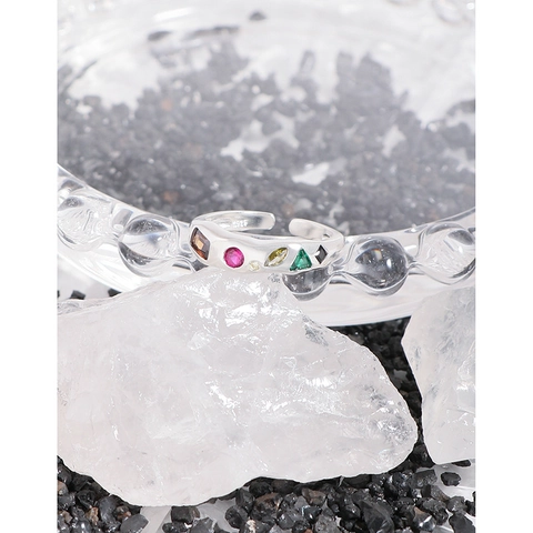925 Sterling Silver Multi-Color Zirconia Open Ring Korean Ins Style Minimalist Wave Geometric Adjustable Finger Ring For Women