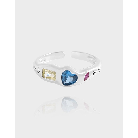 Anello Aperto Regolabile in Argento Sterling 925 Vintage Con Zirconia Blu a Cuore Incisione a Stella Gioielli di Moda