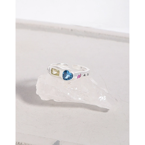 Anello Aperto Regolabile in Argento Sterling 925 Vintage Con Zirconia Blu a Cuore Incisione a Stella Gioielli di Moda