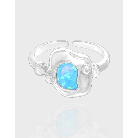 925 Sterling Silver Irregular Open Ring For Women Blue Artificial Opal Light Luxury Liquid Metal Adjustable Finger Ring
