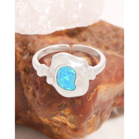 925 Sterling Silver Irregular Open Ring For Women Blue Artificial Opal Light Luxury Liquid Metal Adjustable Finger Ring