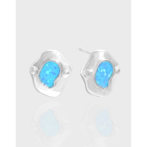Orecchini a Bottone in Argento Sterling S925 Con Opale Artificiale Blu Mare Irregolare per Donna Orecchini in Metallo Liquido