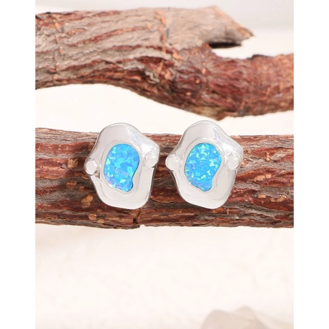 Orecchini a Bottone in Argento Sterling S925 Con Opale Artificiale Blu Mare Irregolare per Donna Orecchini in Metallo Liquido