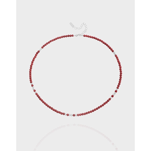 Collar de Cuentas de Coral Rojo Sintético de Plata de Ley S925 para Mujer Gargantilla Ajustable de Estilo Coreano Minimalista
