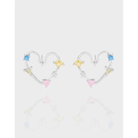 Pendientes de Botón de Corazón Calado de Plata de Ley S925 Con Circonia Multicolor Arcoíris Estilo INS Joyería para Mujer