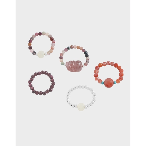 925 Sterling Silver Natural Stone Beaded Elastic Ring For Women Minimalist Garnet Jade Strawberry Quartz Crystal Jewelry