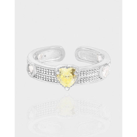 925 Sterling Silver Heart Ring For Women Yellow Zirconia Micro Inlaid Adjustable Opening Ring Romantic Jewelry Gift