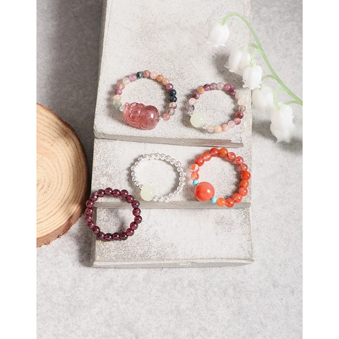 925 Sterling Silver Natural Stone Beaded Elastic Ring For Women Minimalist Garnet Jade Strawberry Quartz Crystal Jewelry
