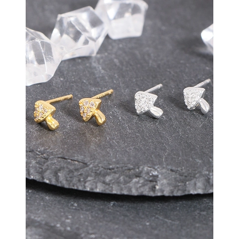 925 Sterling Silver Mushroom Stud Earrings For Women Minimalist Zirconia Inlaid Gold Silver Earring Post Tiny Jewelry Gift