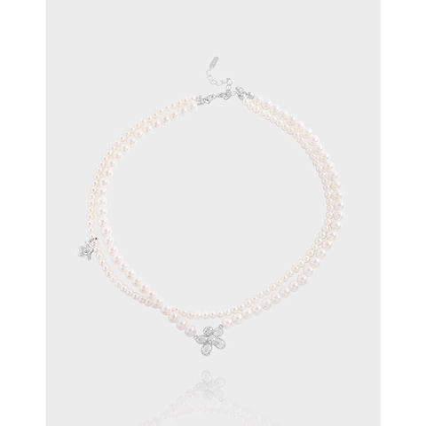 Collana a Doppio Strato in Argento Sterling 925 con Perle Artificiali per Donna Pendente a Fiore e Stella con Strass