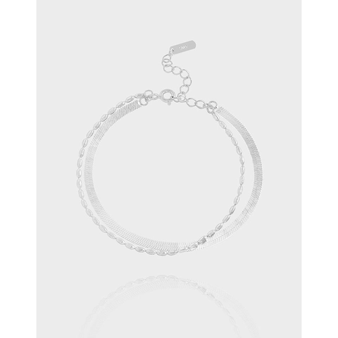 Bracciale in Argento Sterling 925 Minimalista a Doppio Strato con Catena a Spina di Pesce per Donna Stile INS con Perline Gioielli Regalo
