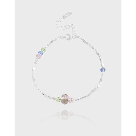Braccialetto di Perline in Argento Sterling 925 Donna Design di Nicchia Strass Multicolore Perla Artificiale Regolabile Gioielli