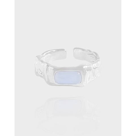 925 Sterling Silver Ring For Women Blue Agate Inlaid Irregular Wrinkled Texture Adjustable Open Ring Minimalist Fashion Jewelry