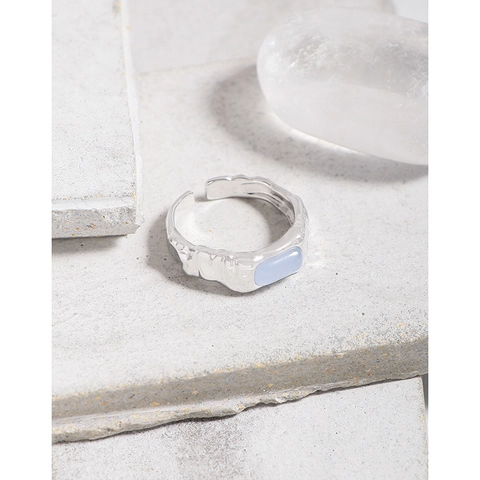 925 Sterling Silver Ring For Women Blue Agate Inlaid Irregular Wrinkled Texture Adjustable Open Ring Minimalist Fashion Jewelry