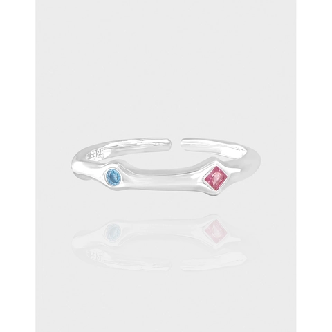 925 Sterling Silver Open Ring For Women Minimalist Geometric Double Stone Pink Square Blue Round Zirconia Adjustable Ring
