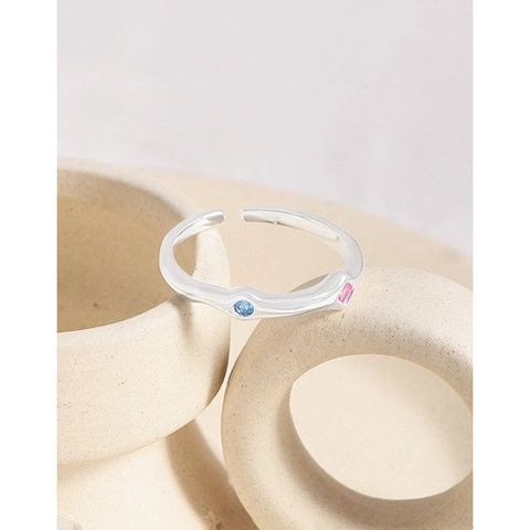 925 Sterling Silver Open Ring For Women Minimalist Geometric Double Stone Pink Square Blue Round Zirconia Adjustable Ring