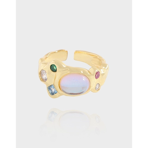 925 Sterlingsilber Offener Ring Für Damen Unregelmäßige Geschmolzene Textur Synthetischer Mondstein Bunte Zirkonia Verstellbarer Fingerring