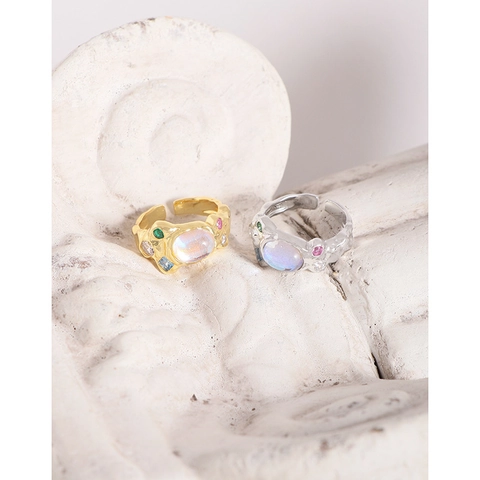 925 Sterlingsilber Offener Ring Für Damen Unregelmäßige Geschmolzene Textur Synthetischer Mondstein Bunte Zirkonia Verstellbarer Fingerring