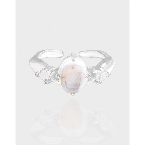 Anello Aperto Regolabile in Argento Sterling S925 Con Linea Irregolare Design di Nicchia Pietra di Luna Zirconia Intarsiata