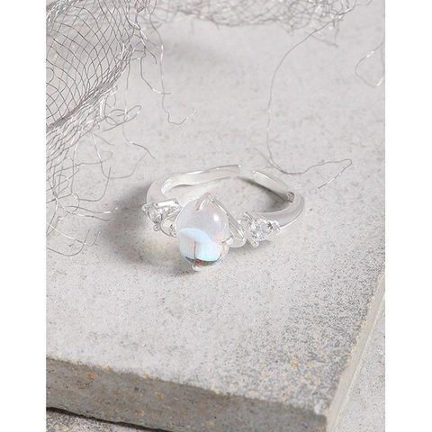 Anello Aperto Regolabile in Argento Sterling S925 Con Linea Irregolare Design di Nicchia Pietra di Luna Zirconia Intarsiata