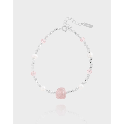 Pulsera de Plata de Ley 925 Cuarzo Fresa Perla de Agua Dulce para Mujer Cuentas Irregulares Estilo Coreano Joyería Regalo