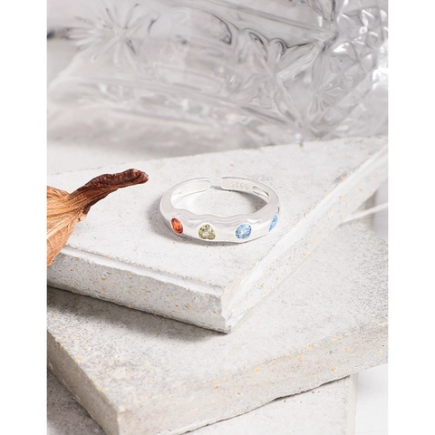 925 Sterling Silver Wavy Open Ring Multi Color Zirconia Adjustable Irregular Geometric Finger Ring Women Jewelry Gift