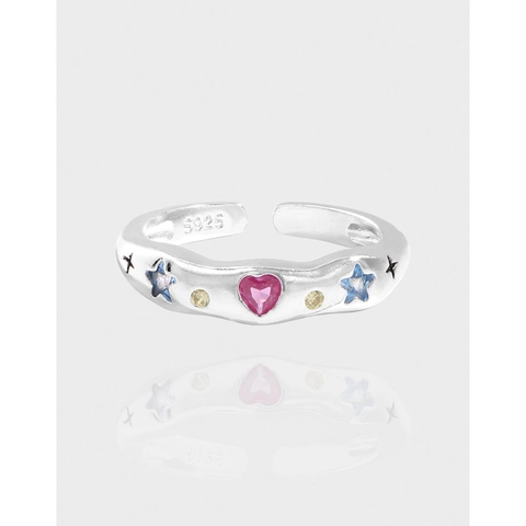 S925 Sterling Zilveren Hart Ster Strass Open Ring Voor Vrouwen Minimalistisch Verstelbare Koreaanse Stijl Vinger Sieraden Cadeau