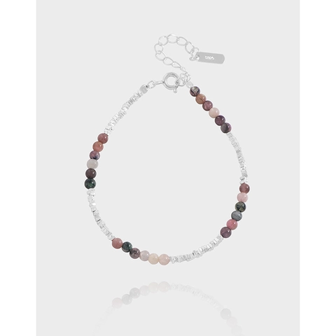 Pulsera de Cuentas de Turmalina Colorida de Plata de Ley 925 para Mujer Pulsera Ajustable de Estilo Coreano Minimalista Joyas
