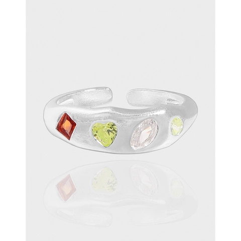 S925 Sterlingsilber Offener Ring Mehrfarbige Zirkonia Eingelegt Wellentextur Verstellbarer Fingerring Für Damen Minimalist Schmuck