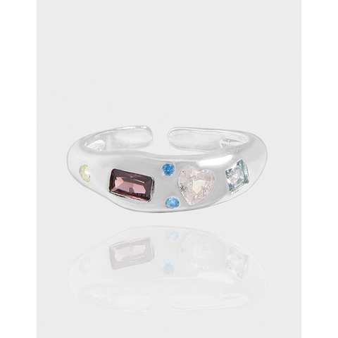 925 Sterlingsilber Offener Ring Für Damen Nischendesign Mehrfarbiger Zirkonia Verstellbarer Geometrischer Luxus Fingerring Schmuck