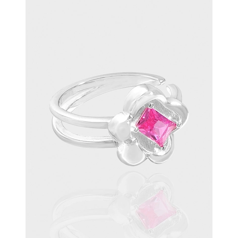 Anello Aperto Regolabile in Argento Sterling 925 per Donna Design Fiore in Zirconia Rosso Rosa Stile INS Coreano Gioielli