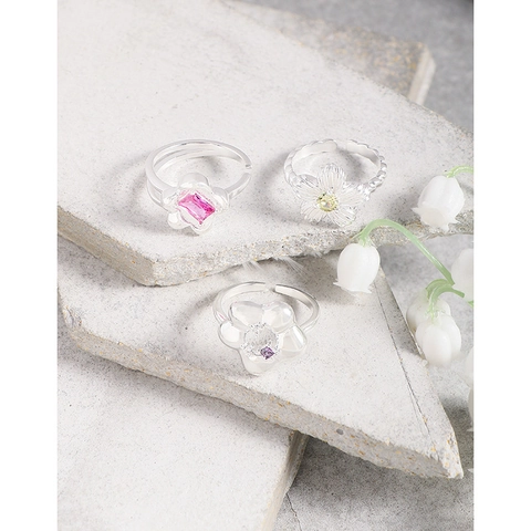 Anello Aperto Regolabile in Argento Sterling 925 per Donna Design Fiore in Zirconia Rosso Rosa Stile INS Coreano Gioielli