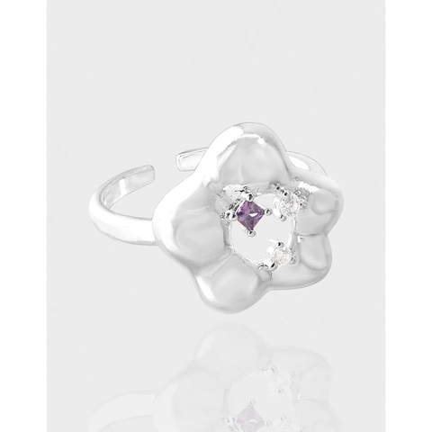 S925 Sterlingsilber Blume Offen Verstellbarer Ring Für Damen Minimalistisch Lila Zirkonia Eingelegt Galvanisierter Schmuck