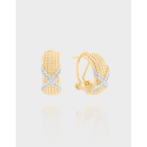 Pendientes de Aro Trenzados Bicolores de Plata de Ley 925 Pendientes de Botón con Pavé de Strass en X Joyas Vintage Francesas para Mujer