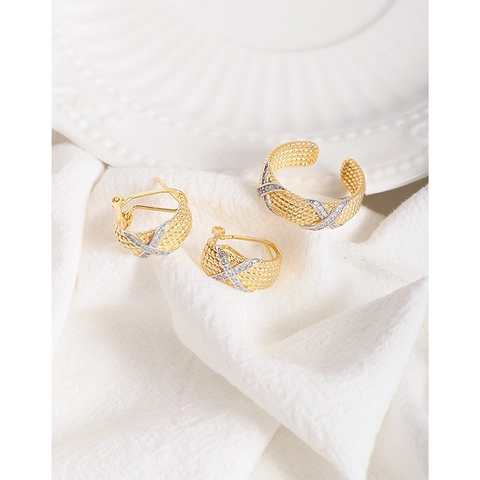 Pendientes de Aro Trenzados Bicolores de Plata de Ley 925 Pendientes de Botón con Pavé de Strass en X Joyas Vintage Francesas para Mujer
