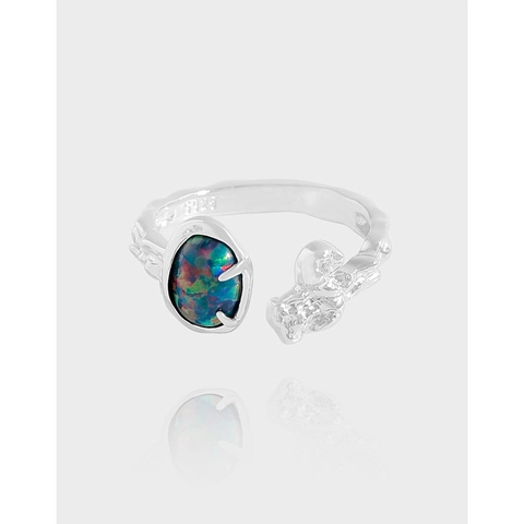 925 Sterlingsilber Unregelmäßige Textur Verstellbarer Ring Mit Ovalem Opal Eingelegt Minimalistischer Schmuck Für Damen