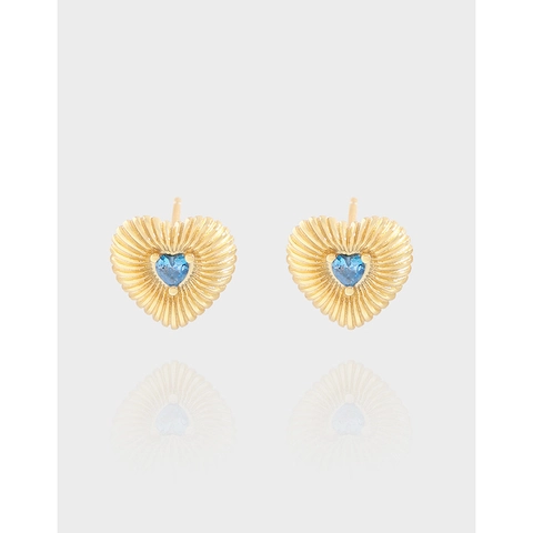 Orecchini a Bottone a Cuore in Argento Sterling 925 per Donna Vintage a Coste con Strass Blu Intarsiato Gioielli Placcati Oro Argento