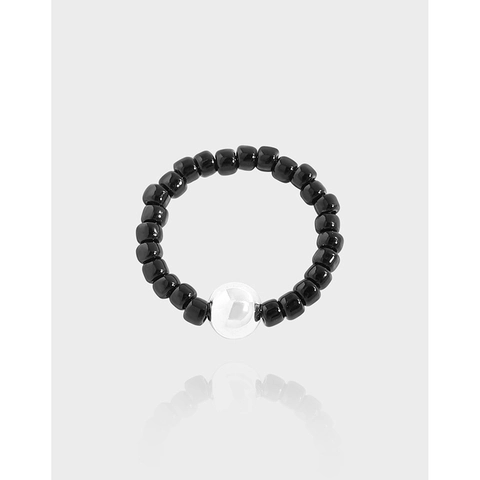 S925 Sterling Silver Black Agate Beaded Elastic Ring For Women Niche Design Minimalist Round Ball Stretch Finger Ring Jewelry