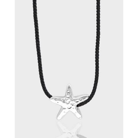 Collana con Ciondolo a Forma di Stella Marina in Argento Sterling S925 Minimalista Texture Martellata Cordino Nero Regolabile per Donna