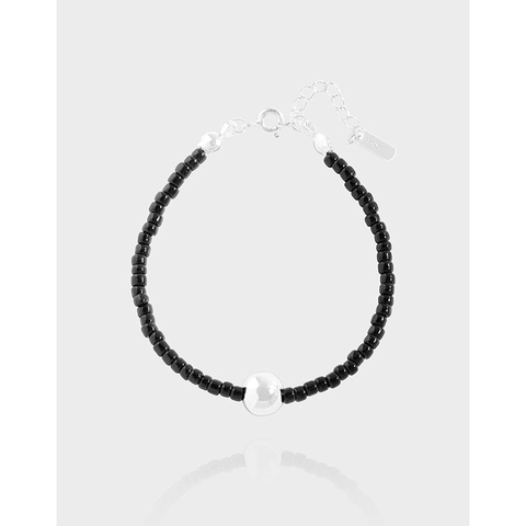 Minimalistisches S925 Sterlingsilber Schwarzer Onyx Perlenarmband Für Damen Vintage Ins Stil Geometrischer Runder Charm Schmuck Geschenk