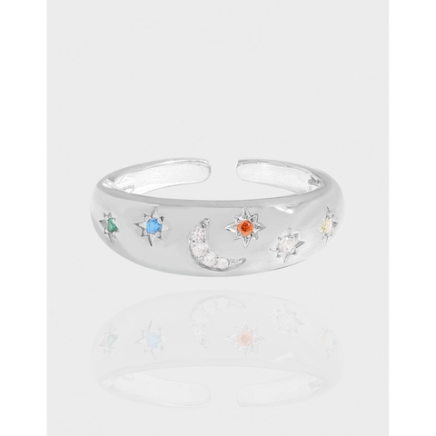 Anello Aperto Regolabile in Argento Sterling 925 Stella Luna Strass Multicolore Design Coreano Lusso Leggero Gioielli da Donna