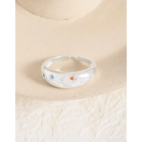 Anello Aperto Regolabile in Argento Sterling 925 Stella Luna Strass Multicolore Design Coreano Lusso Leggero Gioielli da Donna