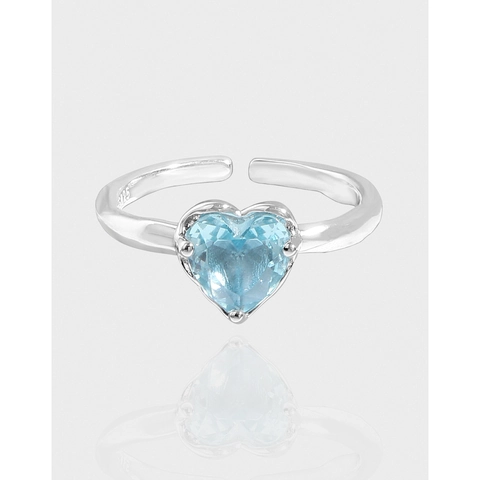 Anello Aperto in Argento Sterling S925 a Forma di Cuore Con Strass Blu Mare per Donna Elegante Stile Coreano Gioiello Regolabile