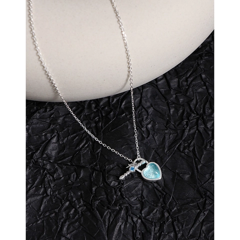 Collana con Pendente a Cuore Blu Mare in Argento Sterling 925 per Donna Stile Coreano Minimalista Chiusura Toggle Gioielli